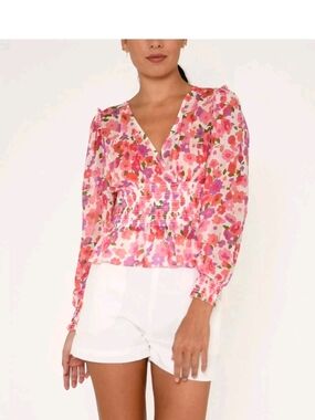Nicole Miller Pink Multi Floral V-Neck Smocked Waist Blouse Small Petite